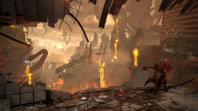 DOOM Eternal — PC screenshot: A ruined stone arena with demons