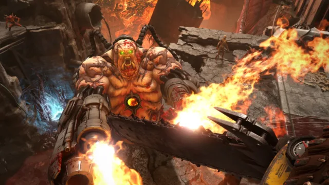 DOOM Eternal — PC screenshot: A weapon aimed at an armored demon