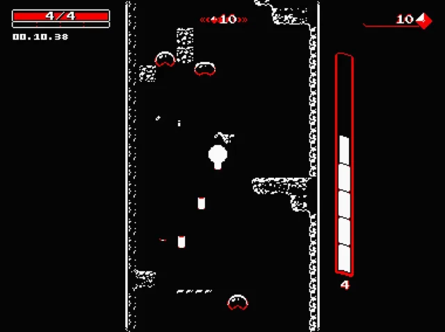 Downwell — PC screenshot: A cavern descent with the score interface visible