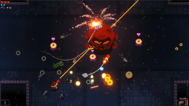 Enter the Gungeon — PC screenshot: A projectile-filled battle in a dark chamber