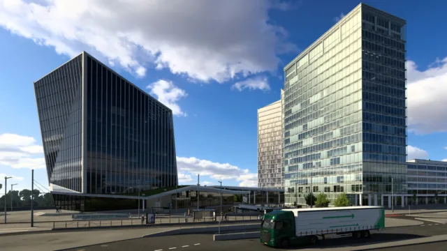 Euro Truck Simulator 2 — PC screenshot: A city road beside modern office buildings