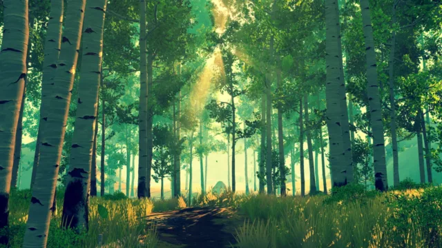 Firewatch — PC screenshot: Sunlight reaching a dense green forest
