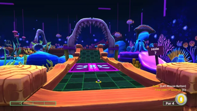 Golf With Your Friends — PC screenshot: A neon course with curved ramps