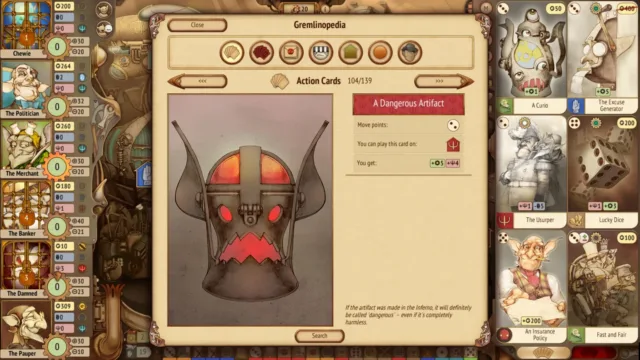 Gremlins, Inc. — PC screenshot: A character information panel beside the game board