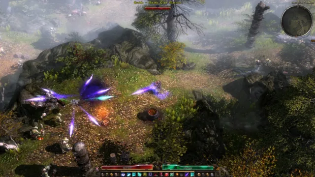 Grim Dawn — PC screenshot: Combat on a rocky outdoor path