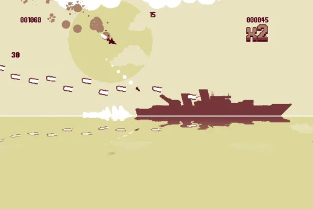 LUFTRAUSERS — PC screenshot: An aircraft flying above a ship