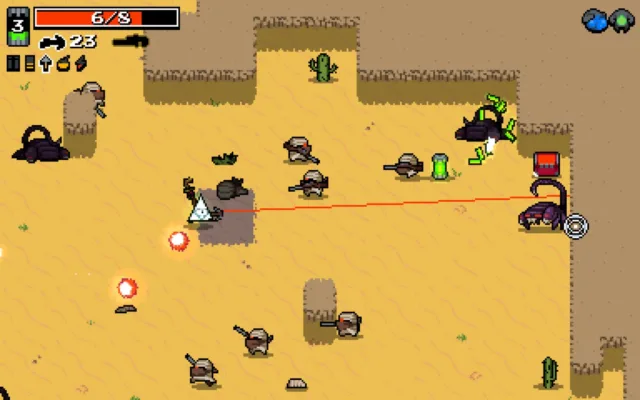 Nuclear Throne — PC screenshot: Combat in a sandy desert area