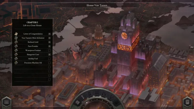 Opus Magnum — PC screenshot: An illustrated city and the game interface