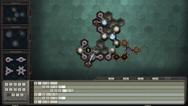 Opus Magnum — PC screenshot: An alchemical machine on a hexagonal grid