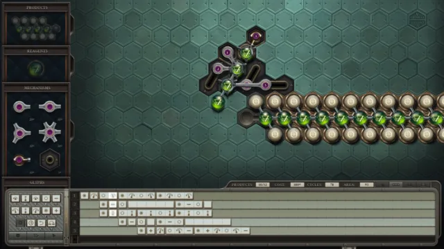 Opus Magnum — PC screenshot: A long mechanism with repeated components