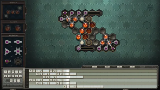 Opus Magnum — PC screenshot: A compact mechanism with colored reagents