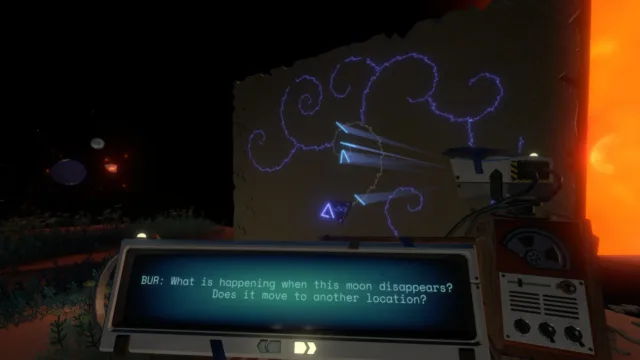 Outer Wilds — PC screenshot: A diagram displayed inside a dark room