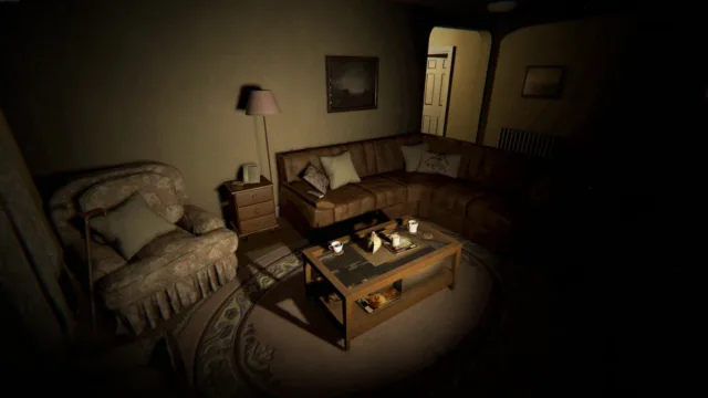 Phasmophobia — PC screenshot: A dim living room with equipment on the table