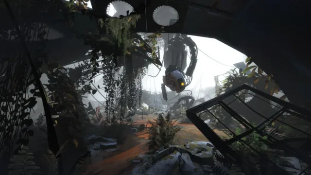 Portal 2 — PC screenshot: A damaged test chamber with vegetation