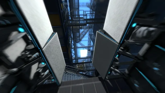 Portal 2 — PC screenshot: Industrial structures inside a test facility
