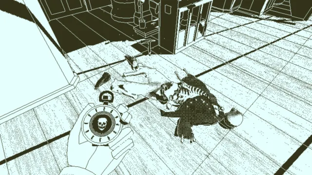 Return of the Obra Dinn — PC screenshot: Shipboard figures rendered in monochrome