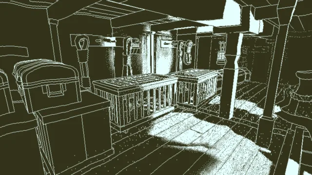 Return of the Obra Dinn — PC screenshot: A monochrome view of the ship interior