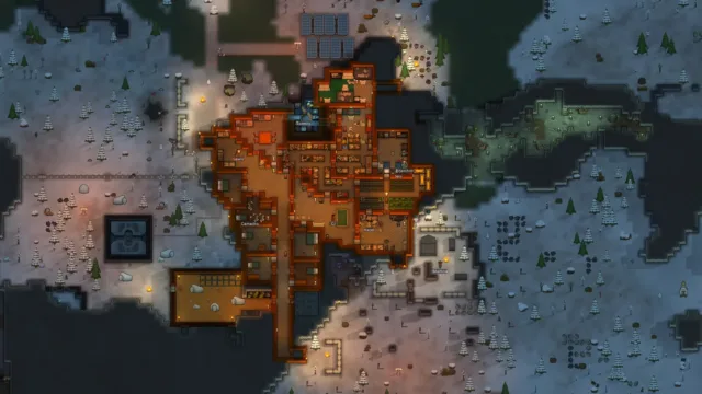 RimWorld — PC screenshot: A settlement during a fire