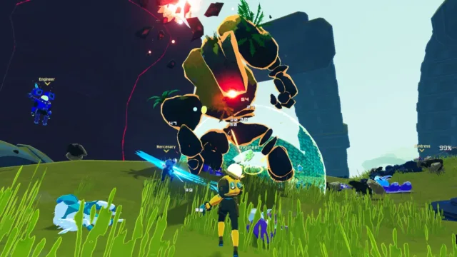 Risk of Rain 2 — PC screenshot: Fighting a large creature in a grassy landscape