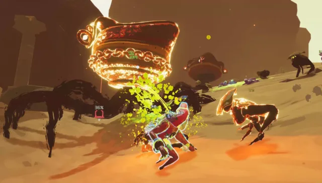 Risk of Rain 2 — PC screenshot: Combat amid golden effects and rocky terrain