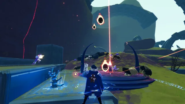 Risk of Rain 2 — PC screenshot: Traversing a futuristic blue arena