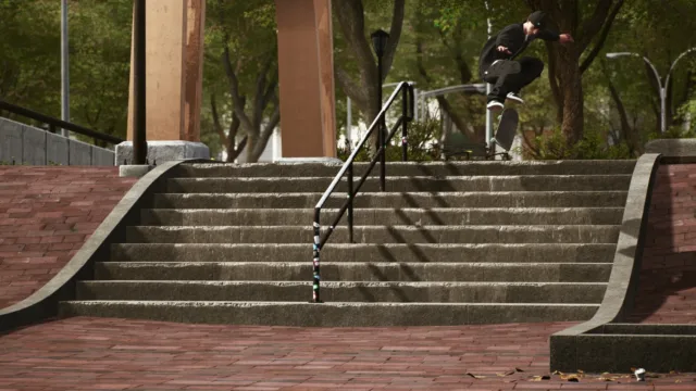 Session: Skate Sim — PC screenshot: A skateboarder at a stairway with handrails