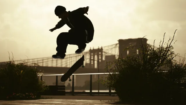 Session: Skate Sim — PC screenshot: A skateboarder jumping against the sunset