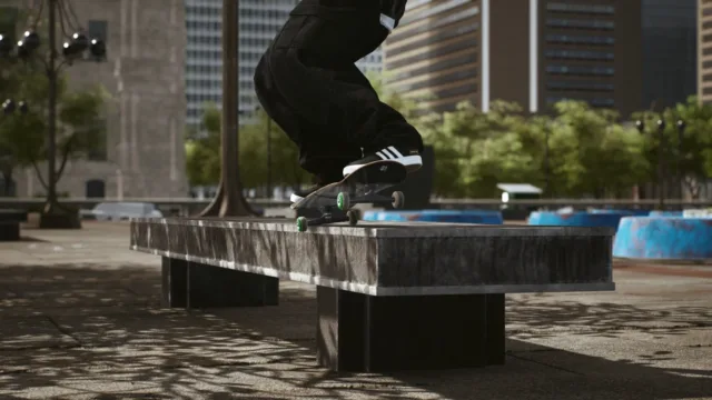 Session: Skate Sim — PC screenshot: A skateboard trick beside a street ledge