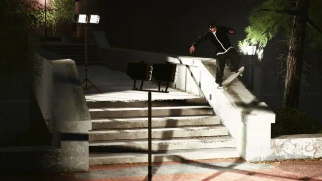 Session: Skate Sim — PC screenshot: A skateboarder practicing on a stair set