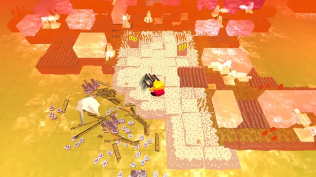 Stephen's Sausage Roll — PC screenshot: Puzzle platforms surrounded by bright autumn colors