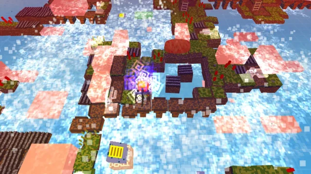 Stephen's Sausage Roll — PC screenshot: A cluster of platforms among trees and water