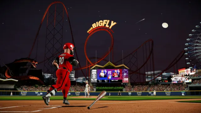 Super Mega Baseball 4 — PC screenshot: A baseball play beneath a BigFly stadium sign