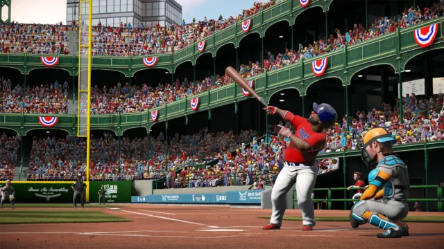 Super Mega Baseball 4 — PC screenshot: A batter facing a pitch in a stadium