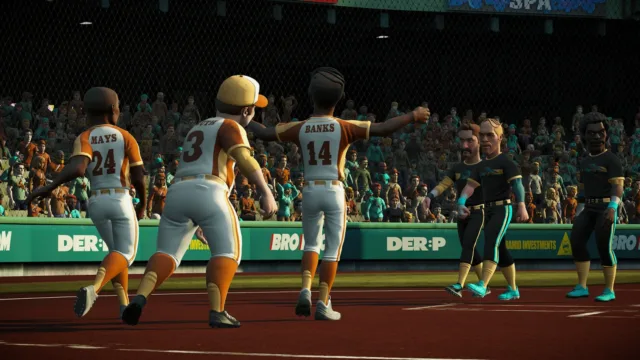 Super Mega Baseball 4 — PC screenshot: A fielding play with players in uniform