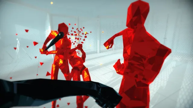 SUPERHOT — PC screenshot: A red enemy breaking into fragments
