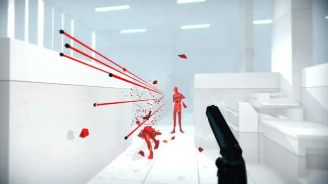 SUPERHOT — PC screenshot: A gunfight in a bright white room