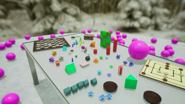 Tabletop Playground — PC screenshot: A tabletop scene with colorful test objects