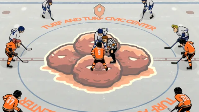 Tape to Tape — PC screenshot: A hockey match on an illustrated rink
