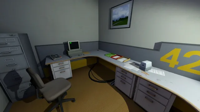 The Stanley Parable: Ultra Deluxe — PC screenshot: An office desk with a computer and paperwork