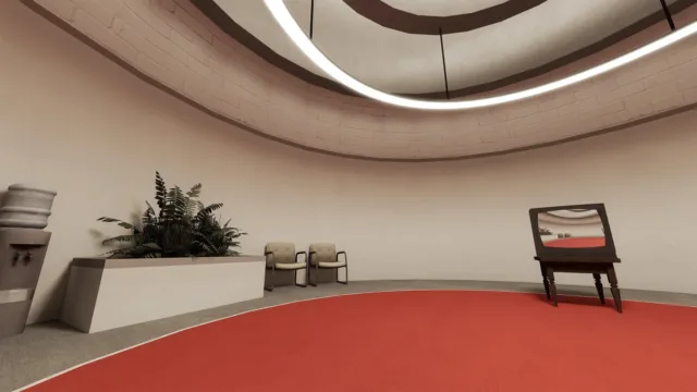 The Stanley Parable: Ultra Deluxe — PC screenshot: A curved hallway with red carpet