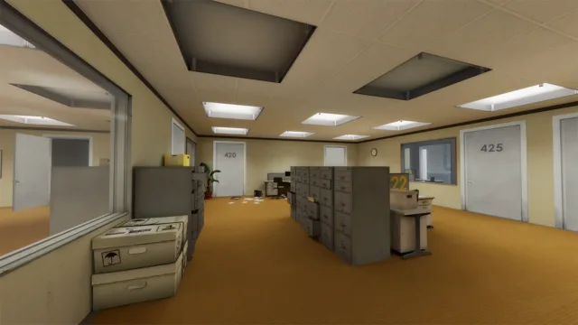 The Stanley Parable: Ultra Deluxe — PC screenshot: Office cubicles and computer workstations