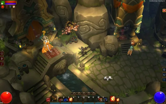 Torchlight II — PC screenshot: A dungeon battle with spell effects