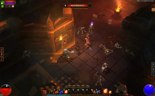 Torchlight II — PC screenshot: Combat inside a dim stone chamber