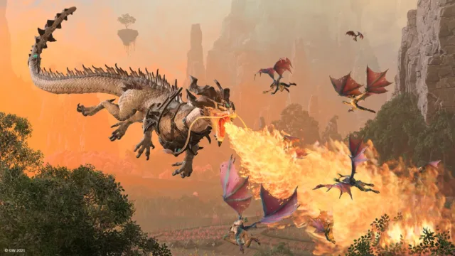 Total War: WARHAMMER III — PC screenshot: A dragon fighting amid fiery effects