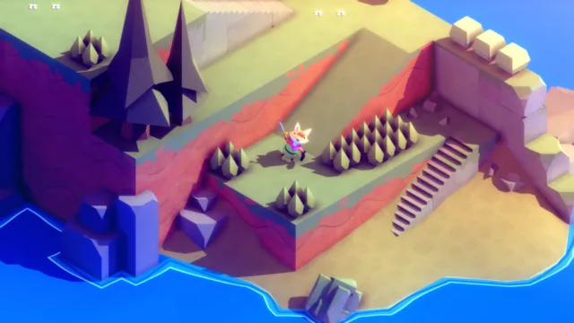 TUNIC — PC screenshot: A small fox exploring a colorful stone platform