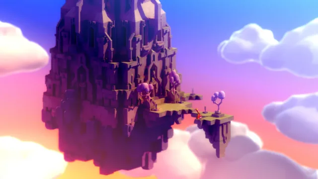 TUNIC — PC screenshot: A tall stone structure against purple clouds