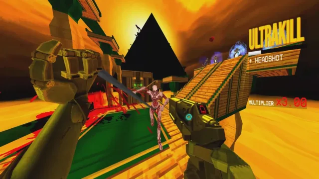 ULTRAKILL — PC screenshot: Combat in a sunlit arena with pyramids