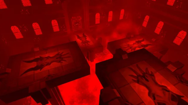 ULTRAKILL — PC screenshot: A dark red chamber viewed from a high ledge
