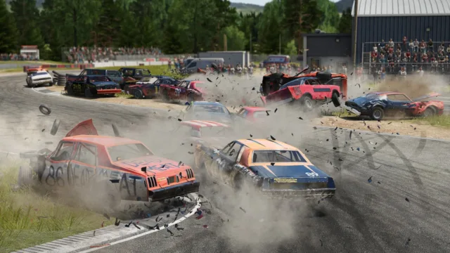 Wreckfest — PC screenshot: Cars competing on a dirt circuit