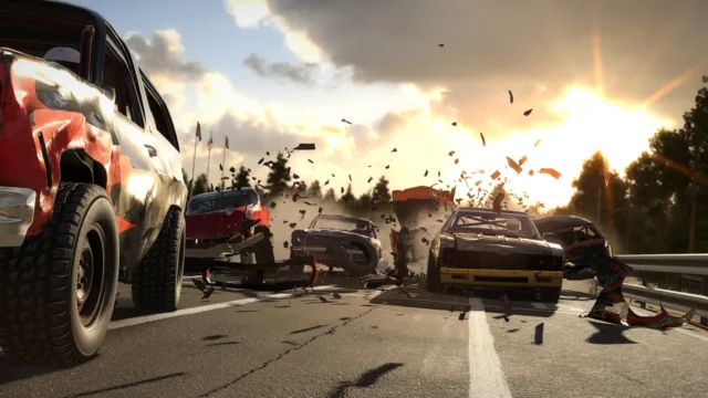 Wreckfest — PC screenshot: A collision amid sparks and debris